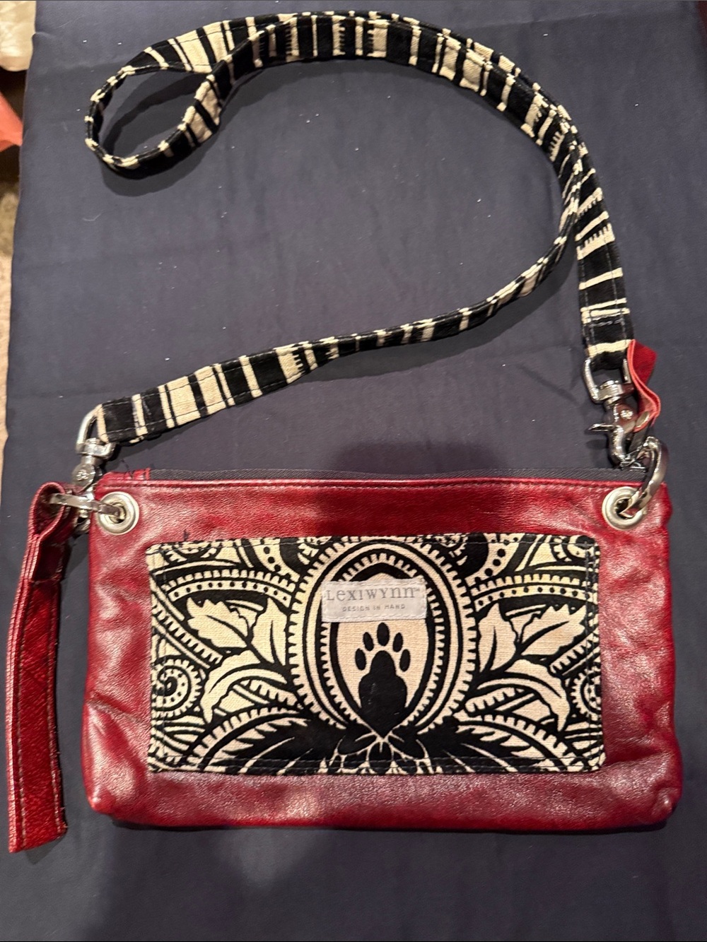 Lexi Wynn Crossbody Purse  Maroon Faux Leather with Cloth Velvet Design